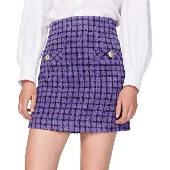 Sandro Clarinette Purple Checkered Plaid Tweed Straight Pencil Mini Skirt Sz 36 - Picture 2 of 8